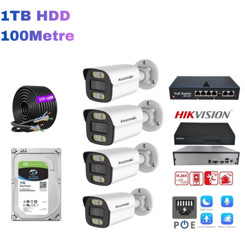 4'lü 5MP (4K) IP Kamera Seti | PoE | Hikvision NVR | İç/Dış Mekan | Gece Görüş | Ses Kayıt | Mobil İzleme 1TB HDD Full Set