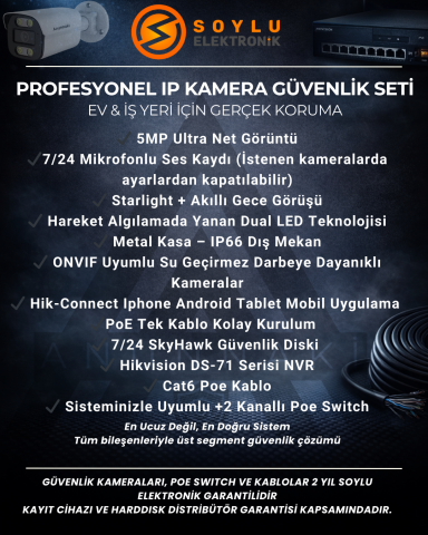 4’lü 5MP IP Kamera Seti | PoE | Hikvision NVR | İç/Dış Mekan | Gece Görüş | Ses Kayıt | Mobil İzleme | 500GB HDD