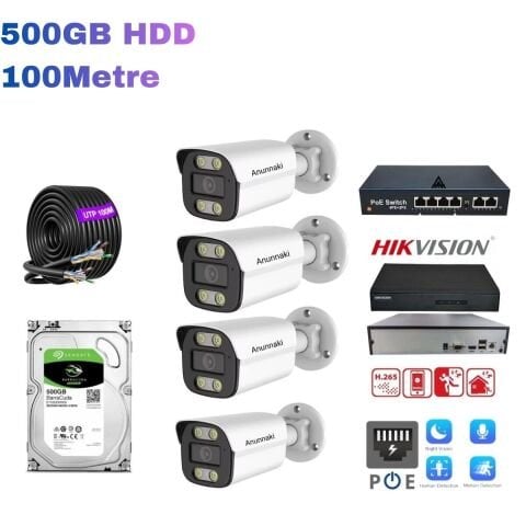 4’lü 5MP IP Kamera Seti | PoE | Hikvision NVR | İç/Dış Mekan | Gece Görüş | Ses Kayıt | Mobil İzleme | 500GB HDD