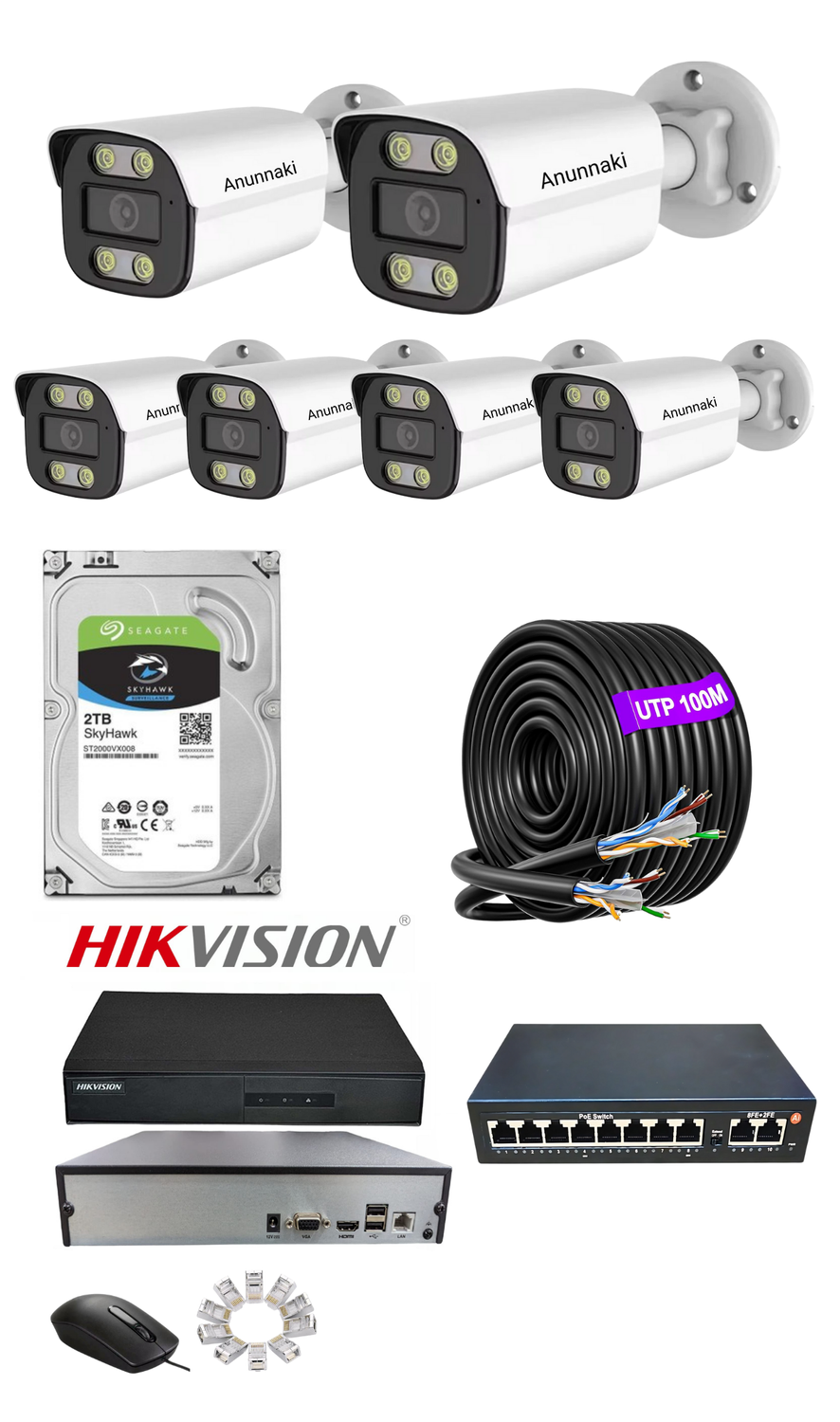 6'lı 5MP PoE IP Kamera Seti | Hikvision NVR | Ses Kayıtlı | 2TB HDD | Metal Kasa 3.6mm İç/Dış Ortam | Gece Görüş | Mobil İzleme