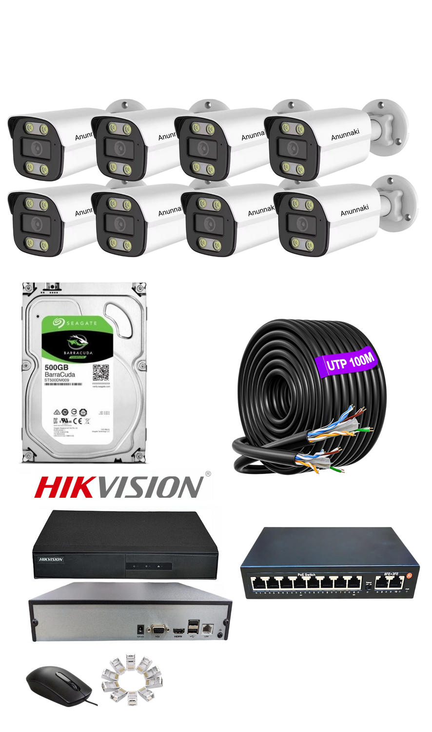 8'li 5MP (4K) IP Kamera Seti | PoE | Hikvision NVR | İç/Dış Mekan | Gece Görüş | Ses Kayıt | Mobil İzleme 500GB HDD Full Set