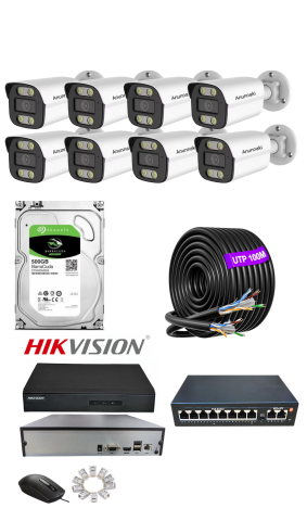 8'li 5MP PoE IP Kamera Seti | Hikvision NVR | Ses Kayıtlı | 500GB HDD | Metal Kasa 3.6mm İç/Dış Ortam | Gece Görüş | Mobil İzleme | 305M Kablo