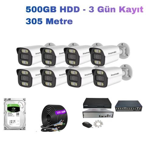8'li 5MP PoE IP Kamera Seti | Hikvision NVR | Ses Kayıtlı | 500GB HDD | Metal Kasa 3.6mm İç/Dış Ortam | Gece Görüş | Mobil İzleme | 305M Kablo