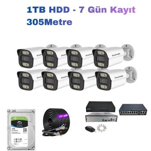 8'li 5MP IP Kamera Seti | PoE | Hikvision NVR | İç/Dış Mekan | Gece Görüş | Ses Kayıt | Mobil İzleme 1TB HDD Full Set