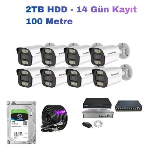 8'li 5MP PoE IP Kamera Seti | Hikvision NVR | Ses Kayıtlı | 2TB HDD | Metal Kasa 3.6mm İç/Dış Ortam | Gece Görüş | Mobil İzleme | 100M Kablo