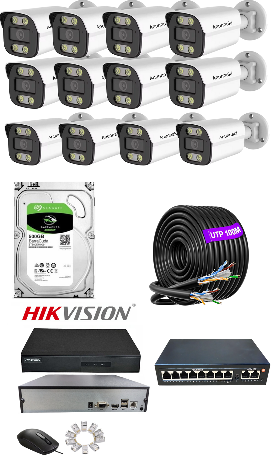 12'li 5MP 500GB IP Kamera Seti | PoE | Hikvision NVR | İç/Dış Mekan | Gece Görüş | Ses Kayıt | Mobil İzleme 500GB HDD Full Set