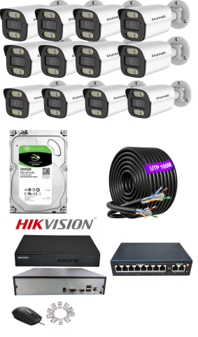 12'li 5MP 500GB IP Kamera Seti | PoE | Hikvision NVR | İç/Dış Mekan | Gece Görüş | Ses Kayıt | Mobil İzleme 500GB HDD Full Set