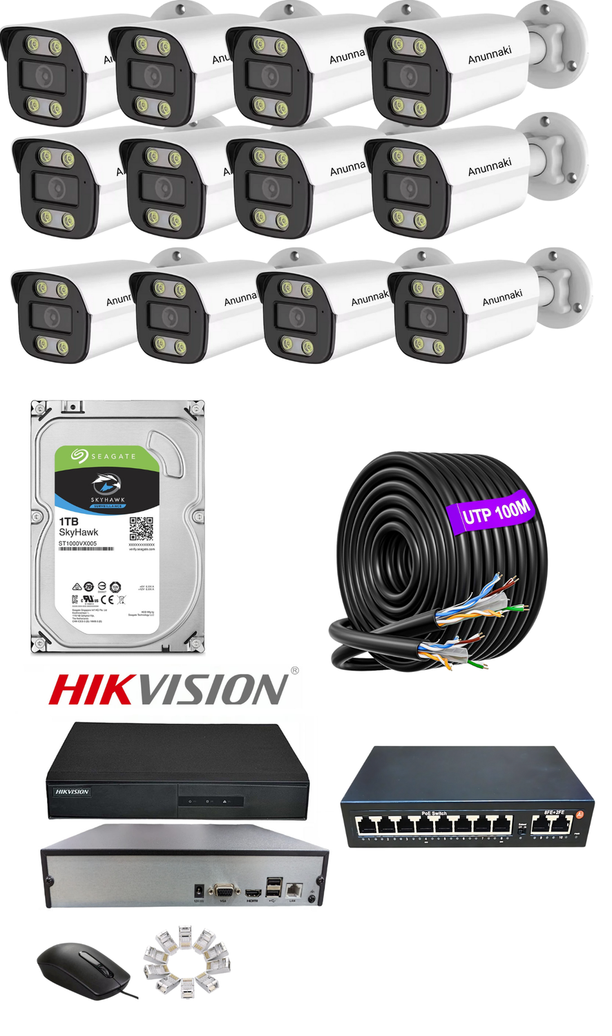 12'li 5MP 1TB  IP Kamera Seti | PoE | Hikvision NVR | İç/Dış Mekan | Gece Görüş | Ses Kayıt | Mobil İzleme HDD Full Set