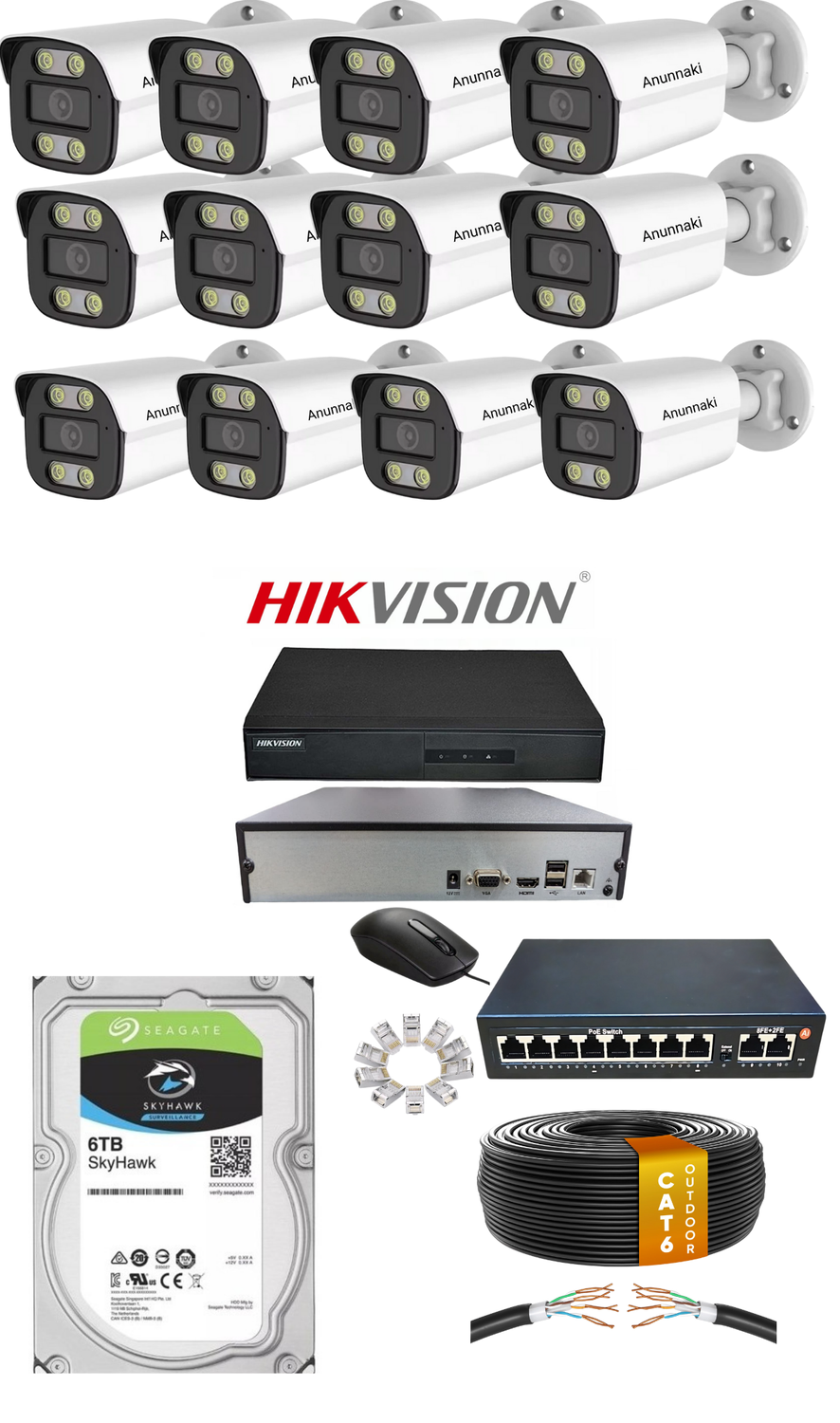 12'li 5MP (4K) IP Kamera Seti | PoE | Hikvision NVR | İç/Dış Mekan | Gece Görüş | Ses Kayıt | Mobil İzleme 6TB HDD Full Set