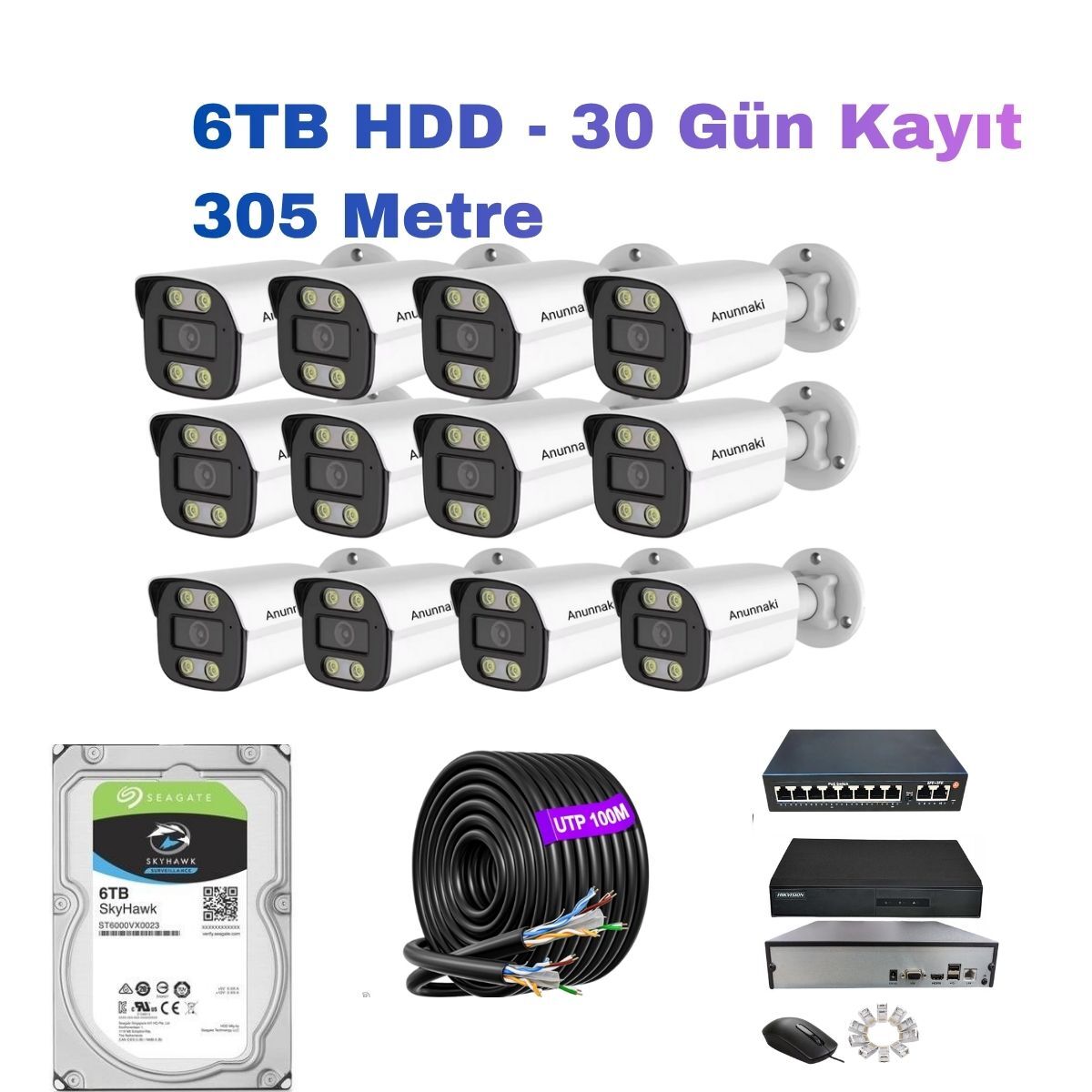 12'li 5MP IP Kamera Seti | PoE | Hikvision NVR | İç/Dış Mekan | Gece Görüş | Ses Kayıt | Mobil İzleme 6TB HDD Full Set