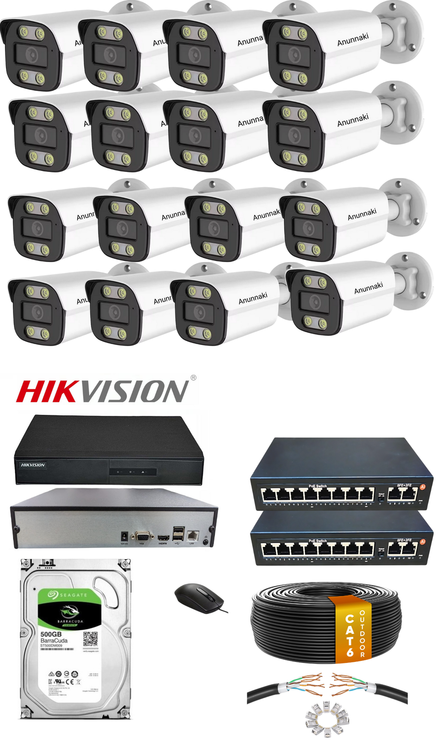 16'li 5MP (4K) IP Kamera Seti | PoE | Hikvision NVR | İç/Dış Mekan | Gece Görüş | Ses Kayıt | Mobil İzleme 500GB HDD Full Set