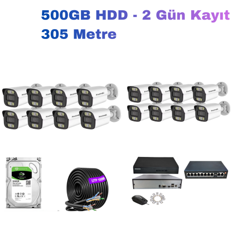 16'lı 5MP PoE IP Kamera Seti | Hikvision NVR | Ses Kayıtlı | 500GB HDD | Metal Kasa 3.6mm İç/Dış Ortam | Gece Görüş | Mobil İzleme