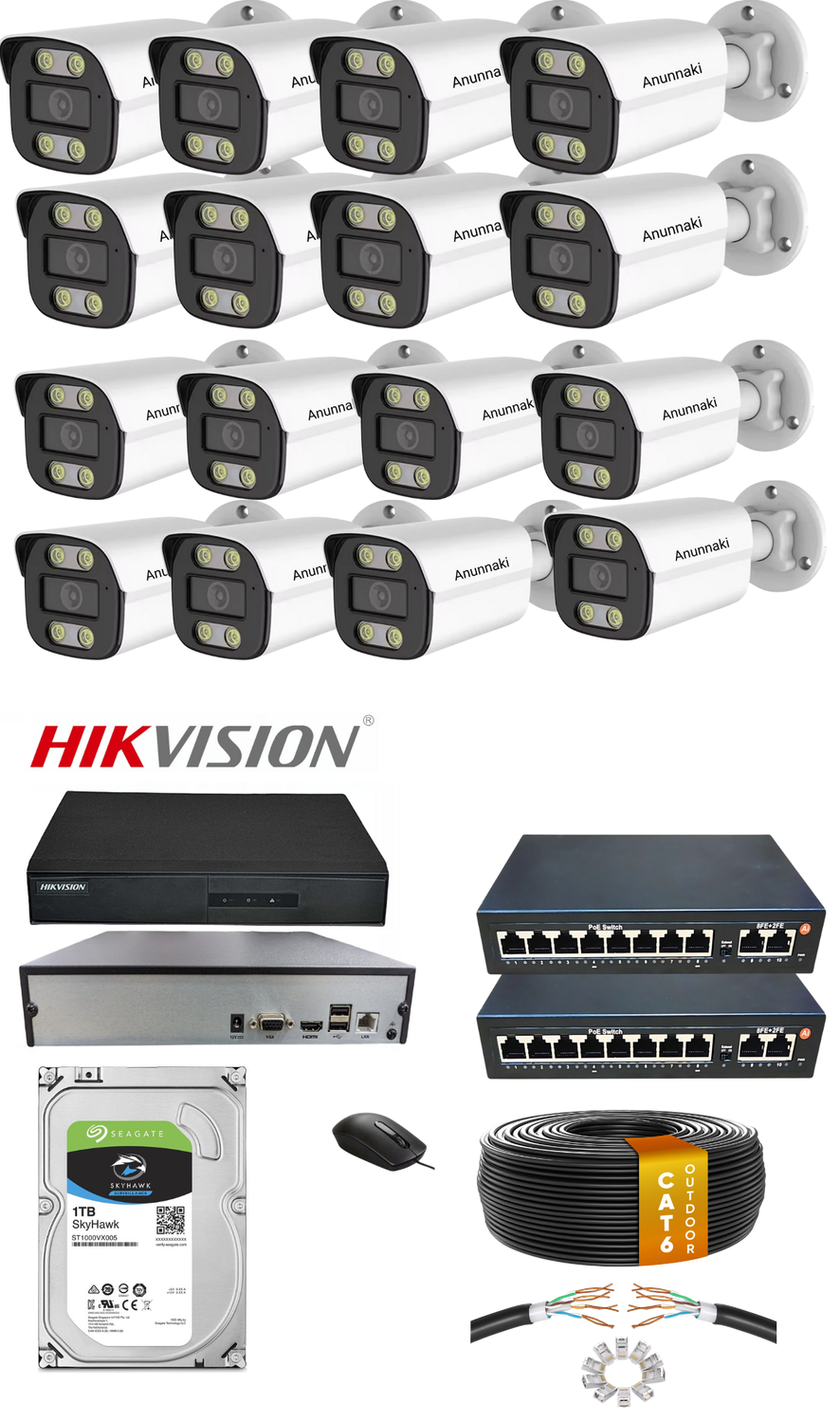 16'li 5MP (4K) IP Kamera Seti | PoE | Hikvision NVR | İç/Dış Mekan | Gece Görüş | Ses Kayıt | Mobil İzleme 1TB HDD Full Set
