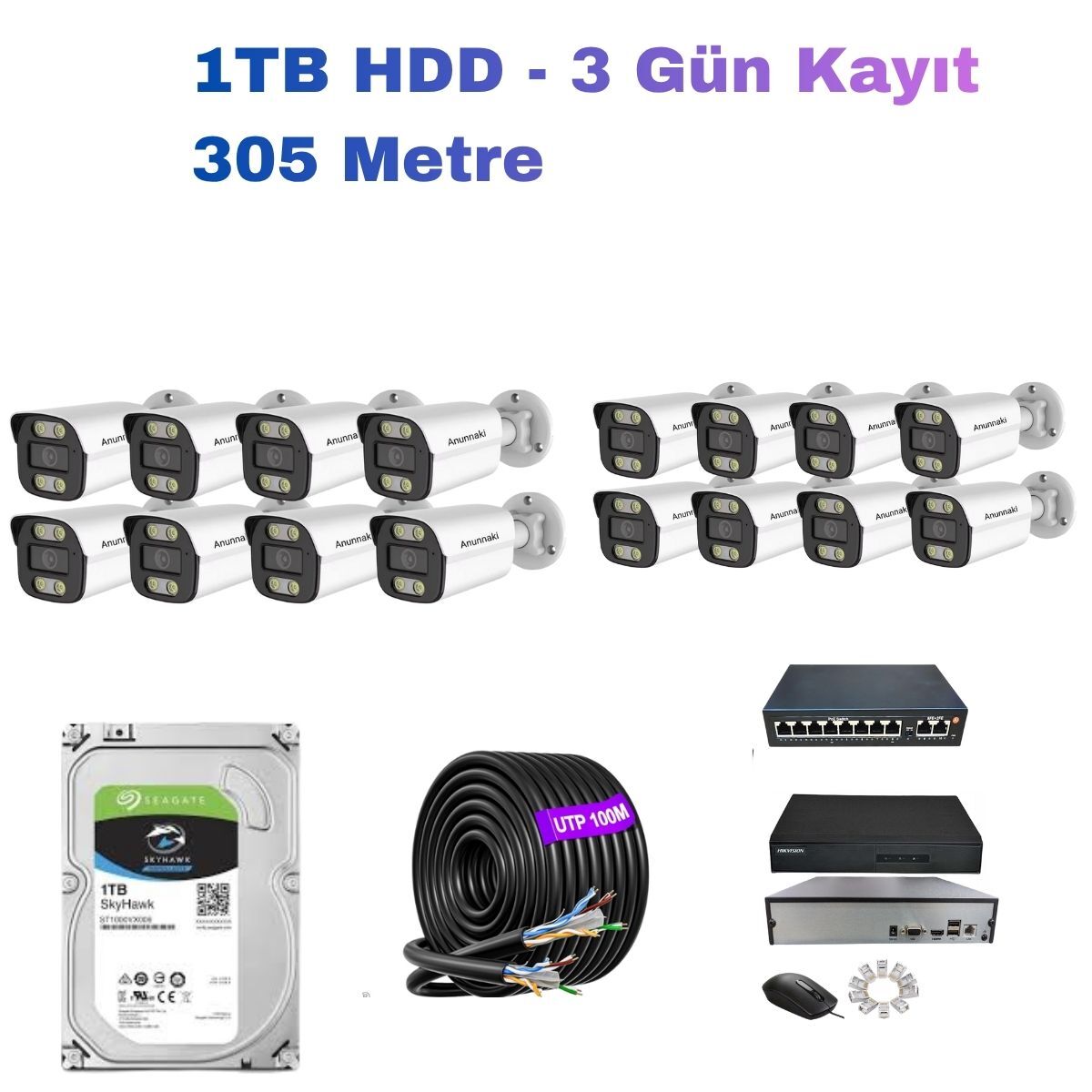16'li 5MP (4K) IP Kamera Seti | PoE | Hikvision NVR | İç/Dış Mekan | Gece Görüş | Ses Kayıt | Mobil İzleme 1TB HDD Full Set