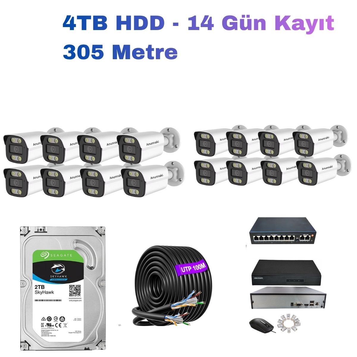 16'lı 5MP PoE IP Kamera Seti | Hikvision NVR | Ses Kayıtlı | 4TB HDD | Metal Kasa 3.6mm İç/Dış Ortam | Gece Görüş | Mobil İzleme