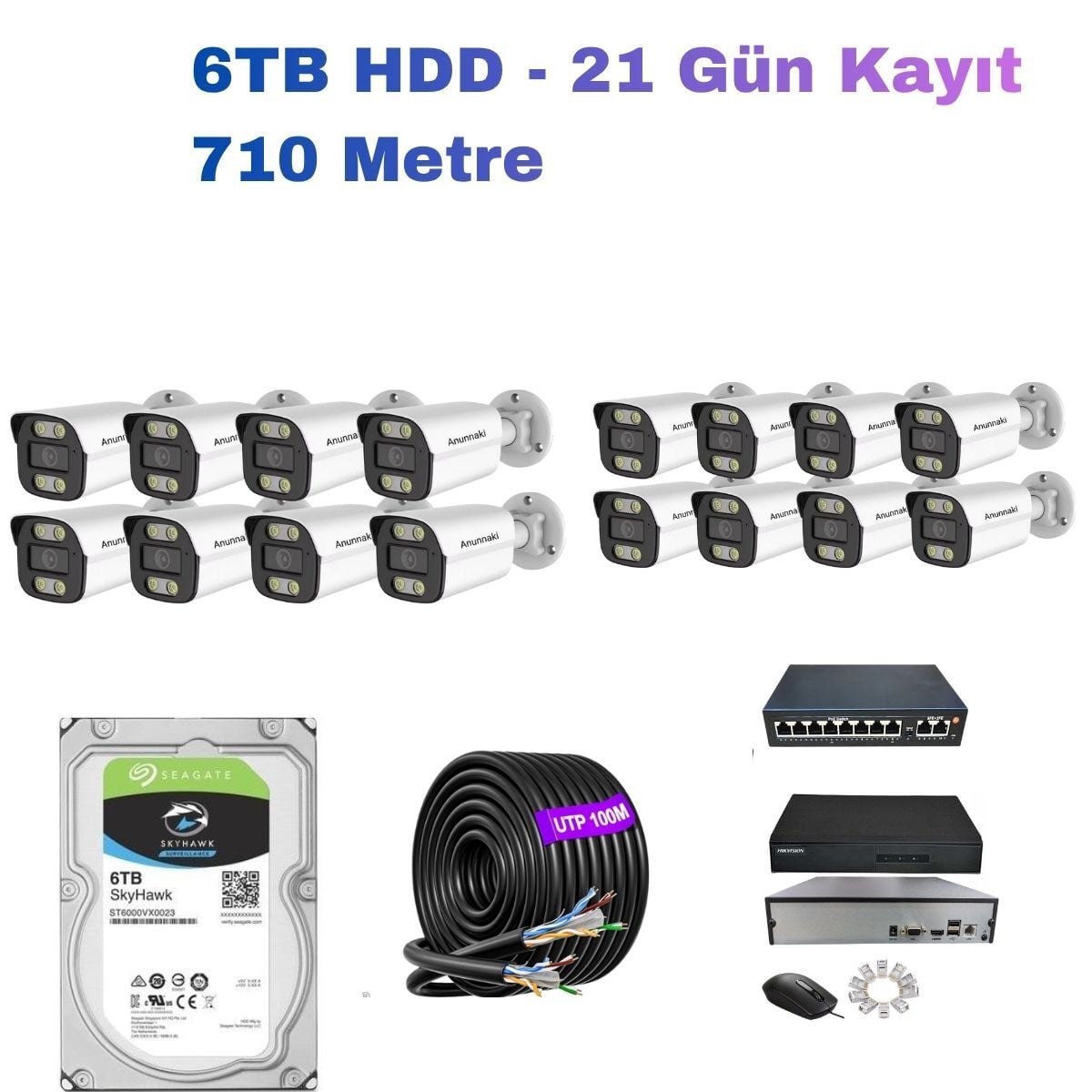 16'lı 5MP IP Kamera Seti | PoE | Hikvision NVR | İç/Dış Mekan | Gece Görüş | Ses Kayıt | Mobil İzleme | 6TB HDD | 710 Metre Kablo Full Set