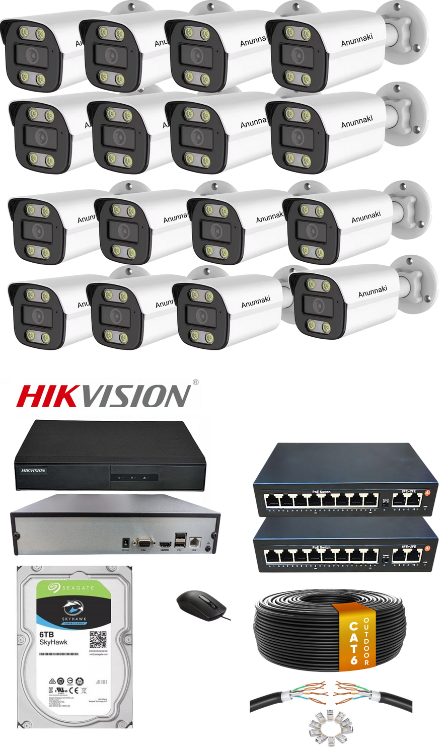 16'li 5MP (4K) IP Kamera Seti | PoE | Hikvision NVR | İç/Dış Mekan | Gece Görüş | Ses Kayıt | Mobil İzleme 10TB HDD Full Set