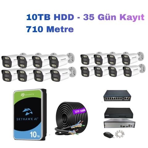 16'lı 5MP IP Kamera Seti | PoE | Hikvision NVR | İç/Dış Mekan | Gece Görüş | Ses Kayıt | Mobil İzleme | 10TB HDD | 710 Metre Kablo Full Set