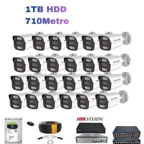 24'lü 5MP PoE IP Kamera Seti | Hikvision NVR | Ses Kayıtlı | 1TB HDD | Metal Kasa İç/Dış Ortam 710 Metre Kablo