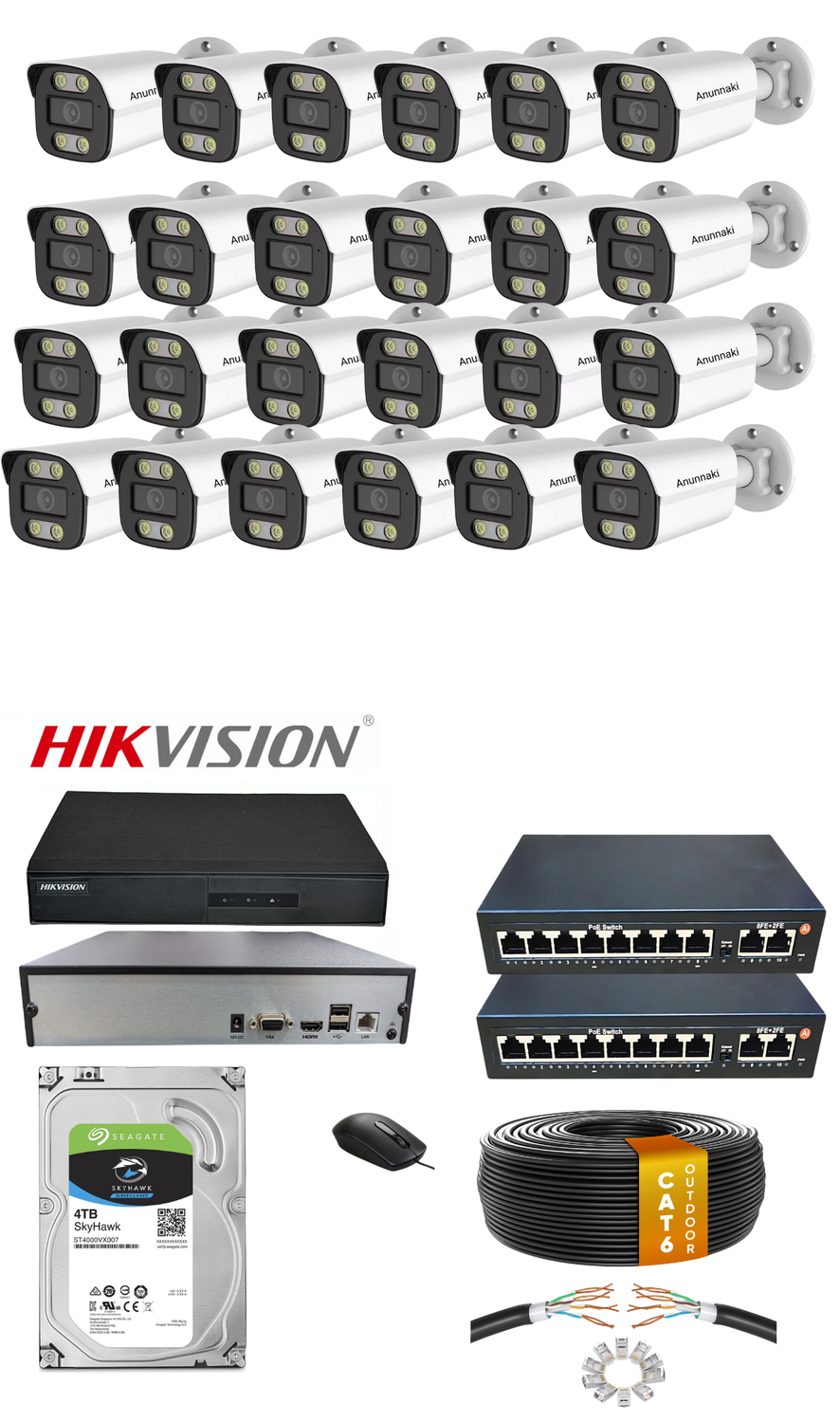 24'lü 5MP (4K) IP Kamera Seti | PoE | Hikvision NVR | İç/Dış Mekan | Gece Görüş | Ses Kayıt | Mobil İzleme 4TB HDD Full Set