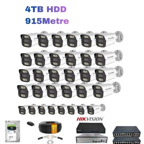24'lü 5MP PoE IP Kamera Seti | Hikvision NVR | Ses Kayıtlı | 4TB HDD | Metal Kasa İç/Dış Ortam 915 Metre