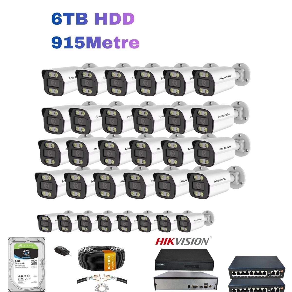 24'lü 5MP PoE IP Kamera Seti | Hikvision NVR | Ses Kayıtlı | 6TB HDD | Metal Kasa 3.6mm İç/Dış Ortam | Gece Görüş | Mobil İzleme 915 Metre Kablo