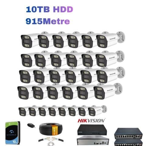 24'lü 5MP IP Kamera Seti Bakır CAT6 Kablo | PoE | Hikvision NVR | İç/Dış Mekan | Gece Görüş | Ses Kayıt | Mobil İzleme 10TB HDD Full Set