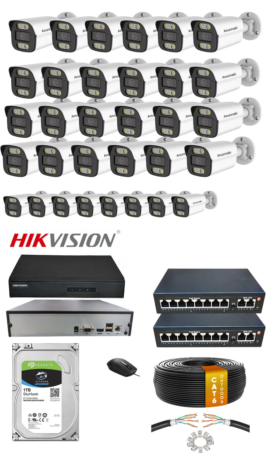 32'li IP Kamera Seti PoE Hikvision NVR İç/Dış Mekan Gece Görüş Ses Kayıt Mobil İzleme 1TB HDD Full Set
