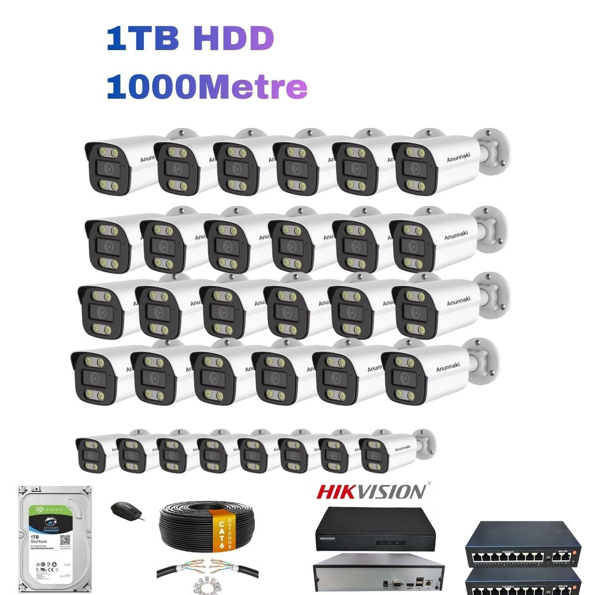 32'li IP Kamera Seti PoE Hikvision NVR İç/Dış Mekan Gece Görüş Ses Kayıt Mobil İzleme 1TB HDD Full Set