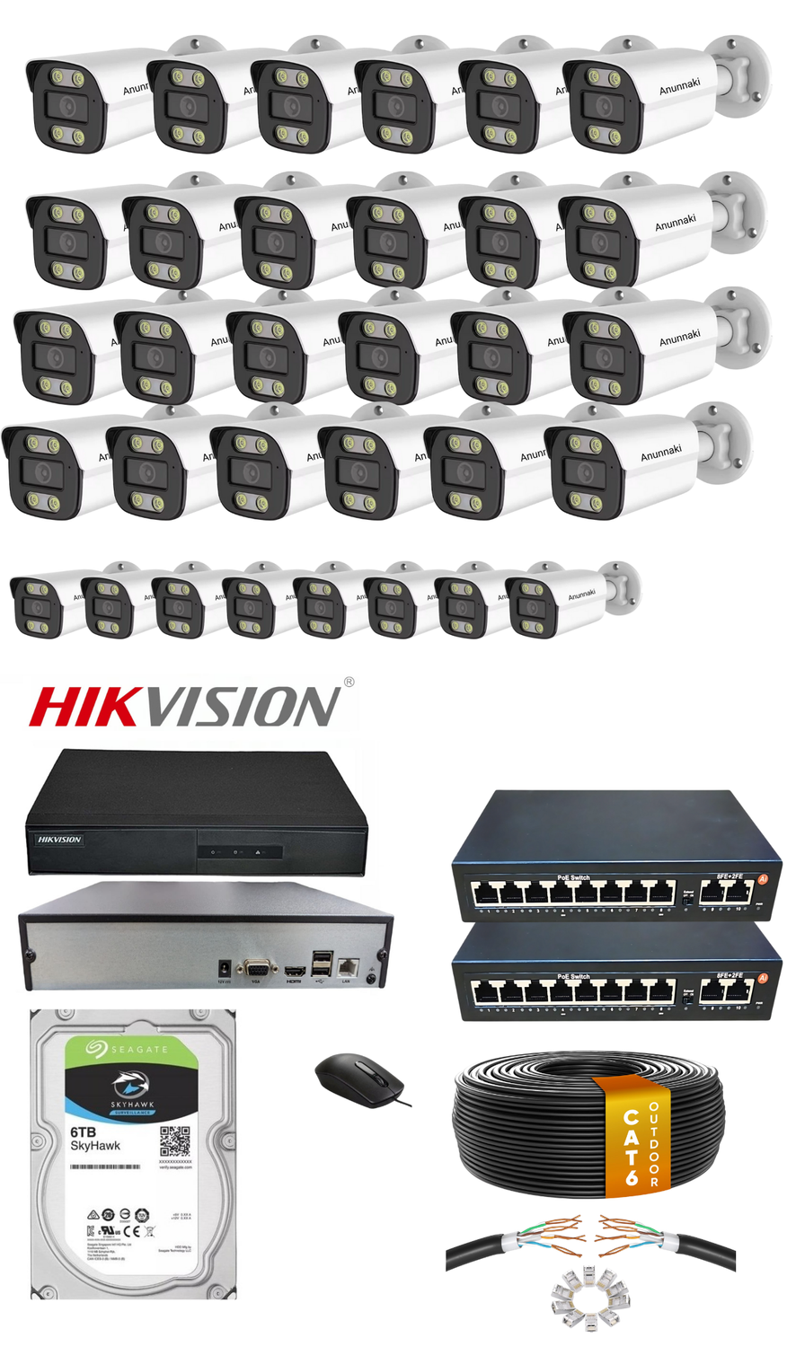 32'li 5MP IP Kamera Seti PoE | Hikvision NVR İç/Dış Mekan Gece Görüş Ses Kayıt Mobil İzleme 6TB Set