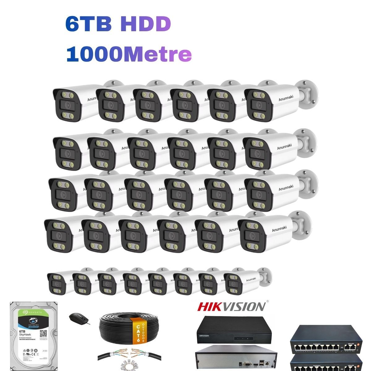 32'li 5MP IP Kamera Seti PoE | Hikvision NVR İç/Dış Mekan Gece Görüş Ses Kayıt Mobil İzleme 6TB Set