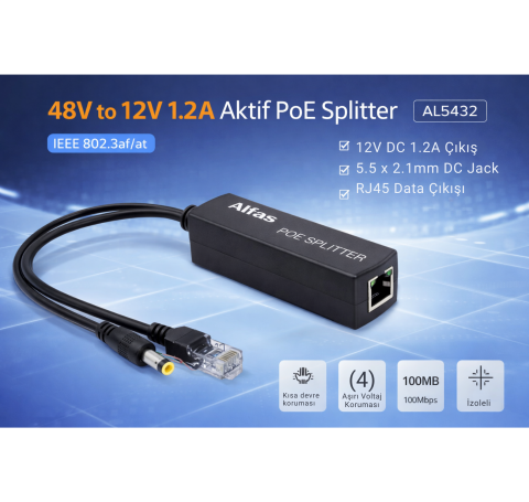 ALFAS AL5432 48V to 12V 1.2A Aktif PoE Splitter PoE Olmayan IP & Wi-Fi Kamera Adaptörsüz Güç Ayırıcı