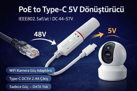 PoE to Type-C 5V 2.4A Dönüştürücü Dış Ortam Solar WiFi Kamera ve USB-C Cihazlar İçin Güç Adaptörü