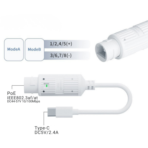 PoE to Type-C 5V 2.4A Dönüştürücü Dış Ortam Solar WiFi Kamera ve USB-C Cihazlar İçin Güç Adaptörü