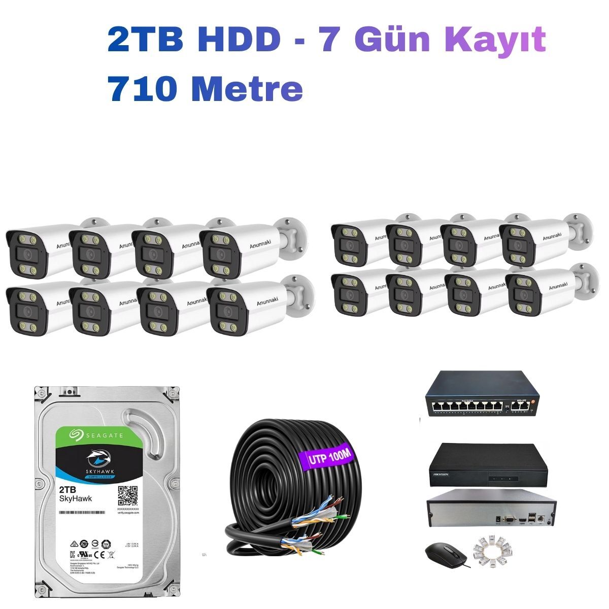 16'lı 5MP IP Kamera Seti | PoE | Hikvision NVR | İç/Dış Mekan | Gece Görüş | Ses Kayıt | Mobil İzleme 2TB HDD Full Set