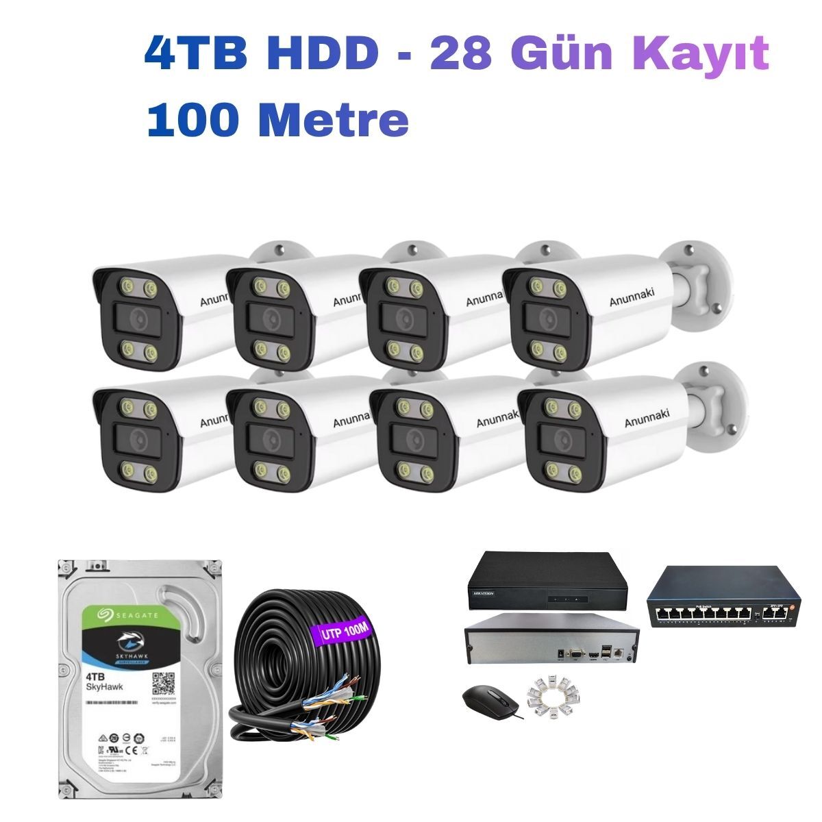 8'li 5MP PoE IP Kamera Seti | Hikvision NVR | Ses Kayıtlı | 4TB HDD | Metal Kasa 3.6mm İç/Dış Ortam | Gece Görüş | Mobil İzleme