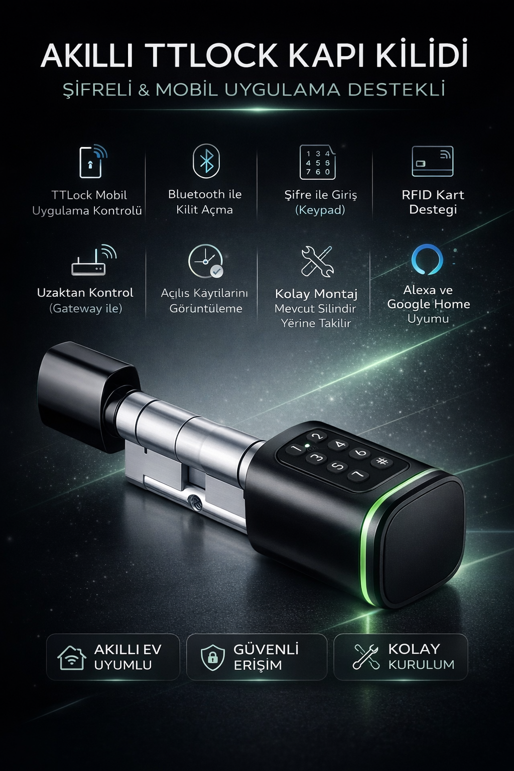 TTLock Akıllı Kapı Kilidi Elektronik Silindir Şifreli Kartlı Mobil APP Bluetooth Smart Lock Siyah