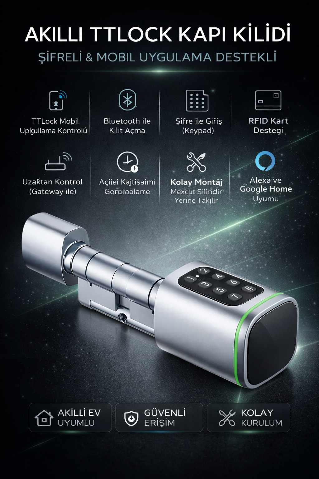 TTLock S1 Akıllı Kapı Kilidi Elektronik Silindir Şifreli Kartlı Mobil APP Bluetooth Smart Lock Gri