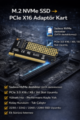 M.2 Nvme Ssd Ngff To Pcie 3.0 X16 Adaptör M-Key Genişletme Kartı Çevirici Dönüştürücü