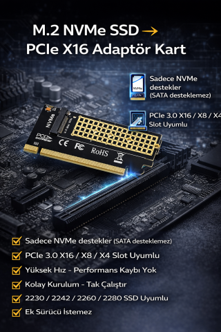 M.2 Nvme Ssd Ngff To Pcie 3.0 X16 Adaptör M-Key Genişletme Kartı Çevirici Dönüştürücü