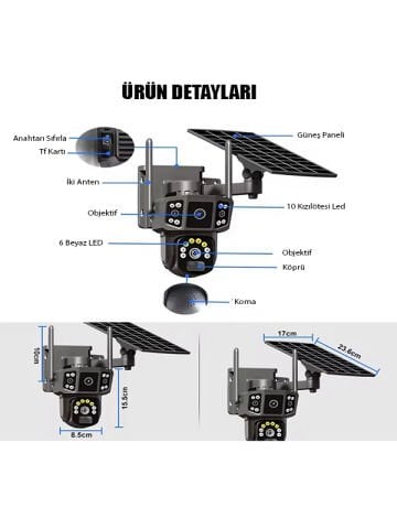 Solar Kamera Wifi v380 Pro Güneş Enerjili 10x Zoom 6MP 2 Lens Alarm Ses Akıllı Wifi Güvenlik Kamera
