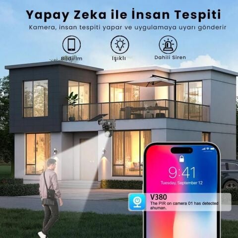 Solar Kamera Wifi v380 Pro Güneş Enerjili 10x Zoom 6MP 2 Lens Alarm Ses Akıllı Wifi Güvenlik Kamera