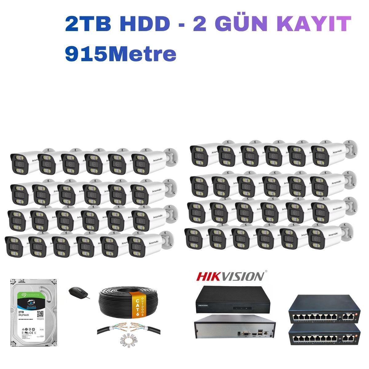 48'li 5MP PoE IP Kamera Seti | Çift Hikvision NVR sistemi | Ses Kayıtlı | 2TB HDD | Metal Kasa İç/Dış Ortam 915m