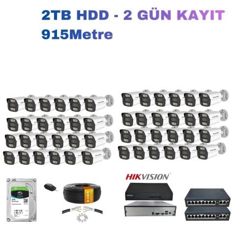 48'li 5MP PoE IP Kamera Seti | Çift Hikvision NVR sistemi | Ses Kayıtlı | 2TB HDD | Metal Kasa İç/Dış Ortam 915m