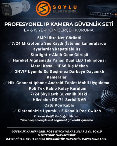 48'li 5MP PoE IP Kamera Seti | Çift Hikvision NVR sistemi | Ses Kayıtlı | 2TB HDD | Metal Kasa İç/Dış Ortam 915m