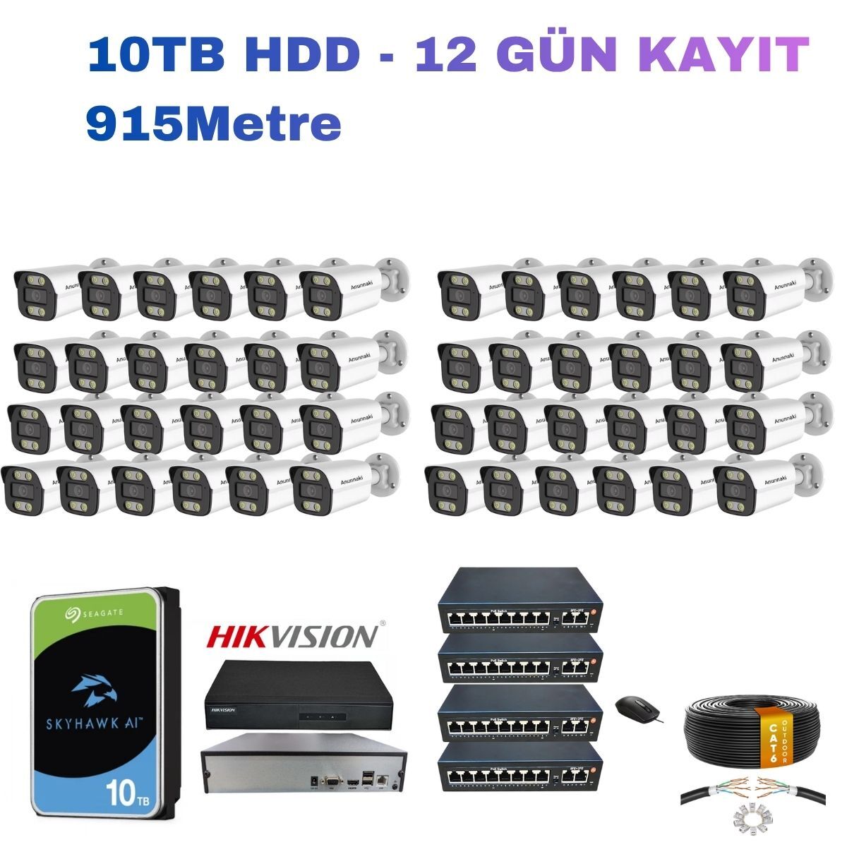 48'li 5MP PoE IP Kamera Seti | Çift Hikvision NVR sistemi | Ses Kayıtlı | 2TB HDD | Metal Kasa İç/Dış Ortam 915m