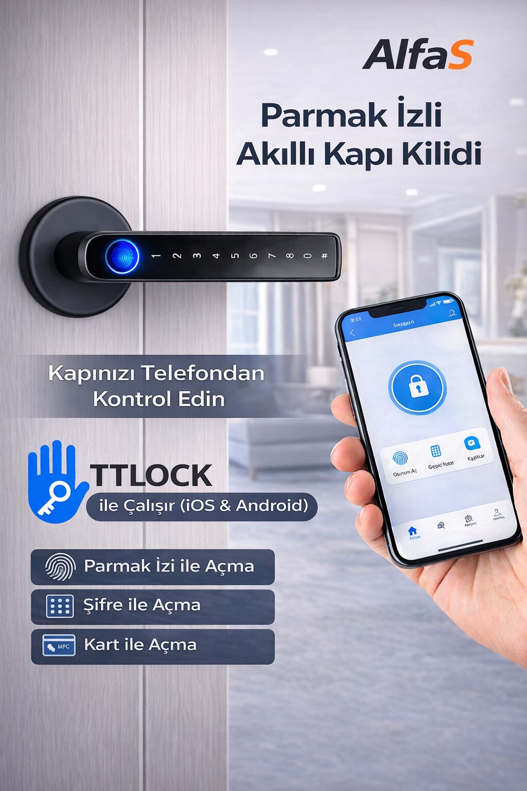 Akıllı Kapı Kolu TTLock Z3 Siyah Şifreli Kartlı Mobil Uygulama PVC Alüminyum Ahşap Uyumlu Parmak İzi