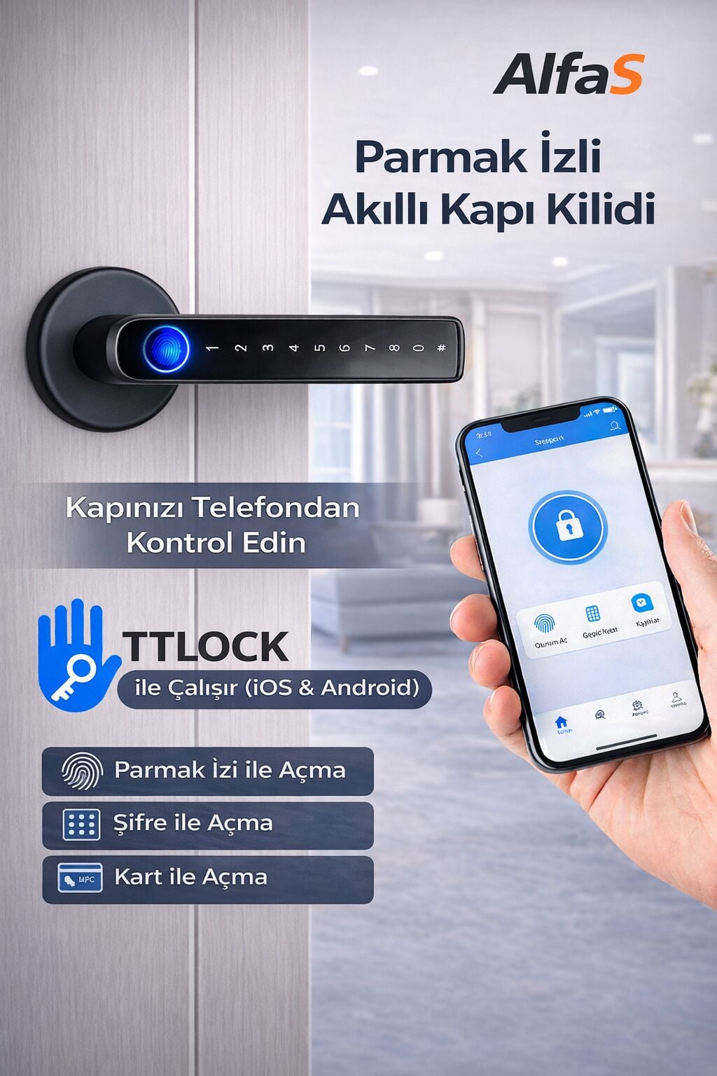Akıllı Kapı Kolu TTLock Z3 Siyah Şifreli Kartlı Mobil Uygulama PVC Alüminyum Ahşap Uyumlu Parmak İzi
