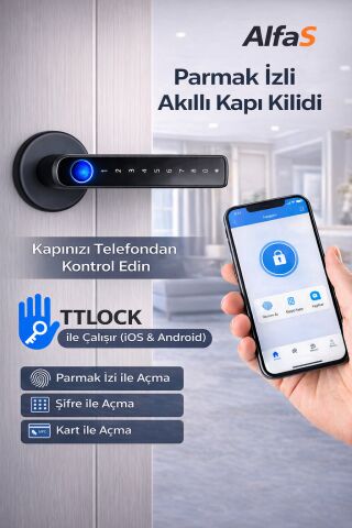 Akıllı Kapı Kolu TTLock Z3 Siyah Şifreli Kartlı Mobil Uygulama PVC Alüminyum Ahşap Uyumlu Parmak İzi