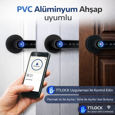 Akıllı Kapı Kolu TTLock Z3 Siyah Şifreli Kartlı Mobil Uygulama PVC Alüminyum Ahşap Uyumlu Parmak İzi